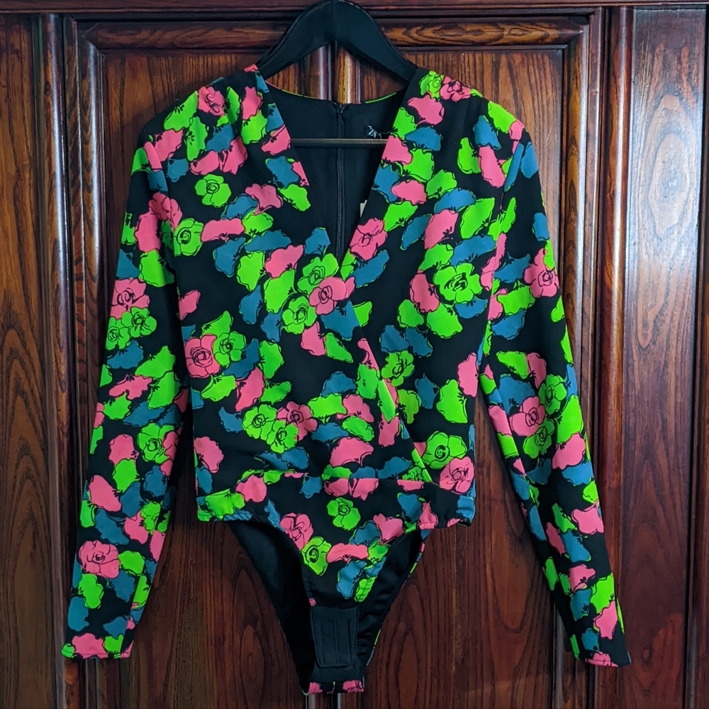 Zara NWT Neon Floral Long Sleeve Bodysuit